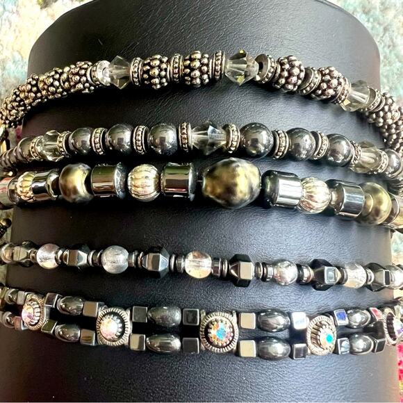 Hematite, Black and Silver Beaded Bracelet 5 piece Stack Set - Picture 1 of 5